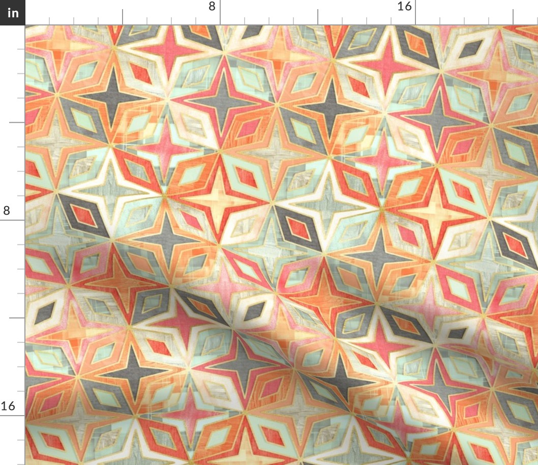 Coral and Grey Stars and Diamonds Abstract Geometric Small