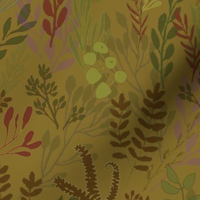 Autumn colored Leaf Stems Scattered Naturalistically on Tan Background 24"