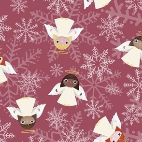 Midi - Cute Christmas Angels & Festive Snowflakes - Claret Red