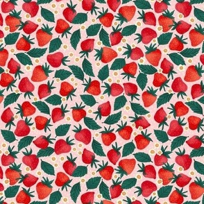 Ditsy Tossed Strawberries on a Pink Polka Dot Background 6in Repeat