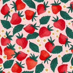 Tossed Strawberries on a Pink Polka Dot Background 12in Repeat