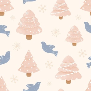 Blue and pink Christmas Tree and bird - Pastel