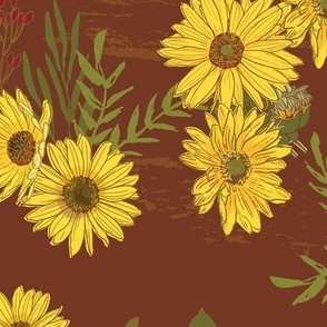 Helianthus Sunflower and Greens Scatter on Red Background 24""