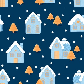 Dark blue,  light  blue and yellow  Christmas Winter Village -  Sunny Winter
