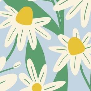 Delicate wild daisy flowers in pastel blue and green - Large scale