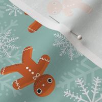 Midi - Cute Christmas Gingerbread Men & Festive Snowflakes - Soft Mint Green & Winter White