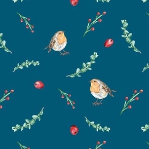 Robins with Winter Red Berries and Eucalyptus Foaliage on Teal 