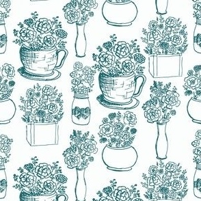 Sketched Flowers in Pots and Vases//Blue//Medium