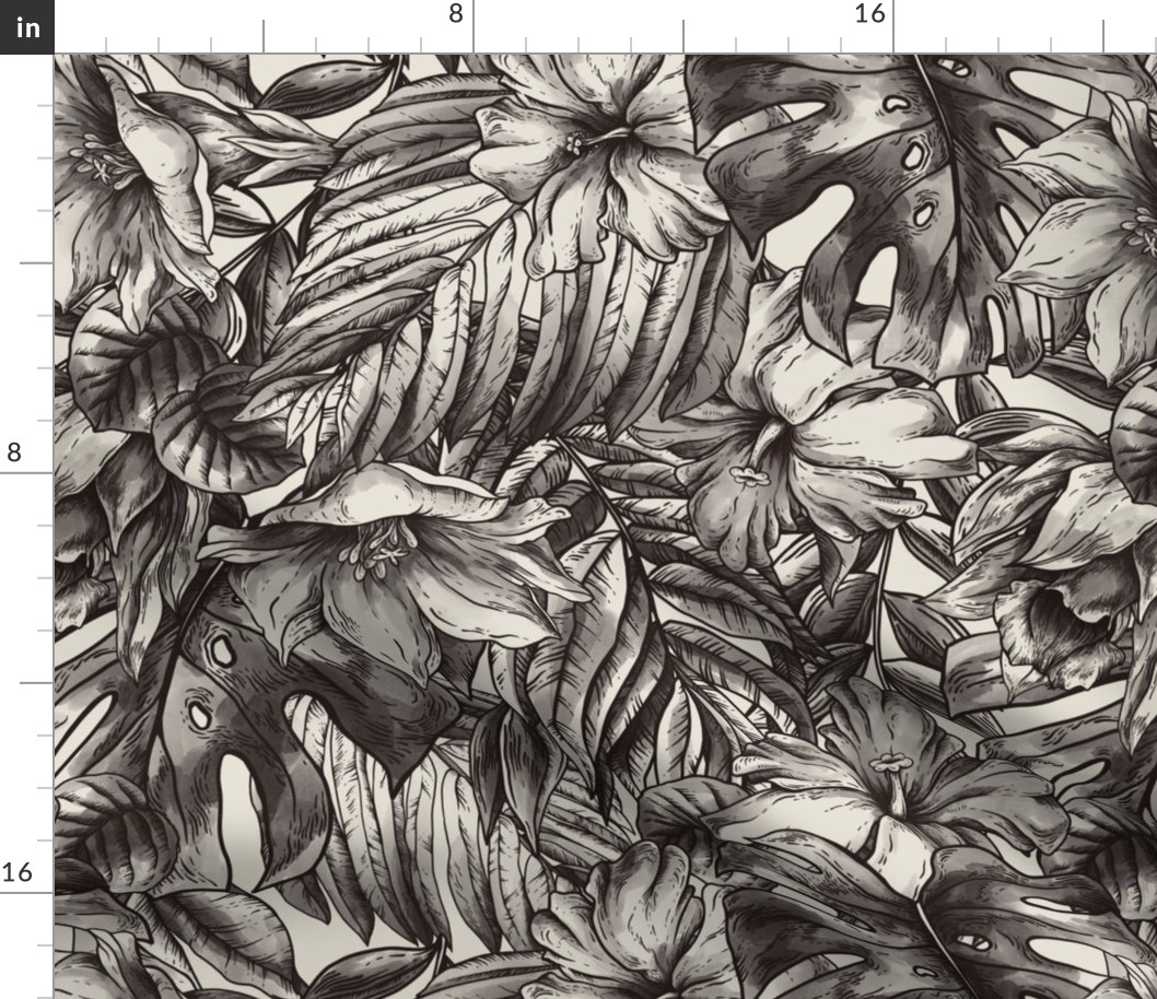 Monochrome tropical leaves and flowers