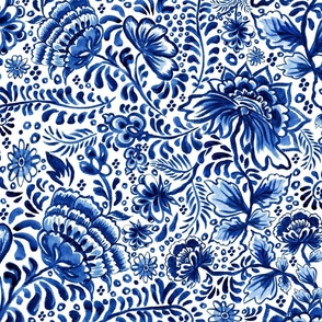 Delft blue Indian trailing flowers | oriental chinoiserie floral | cobalt / ultramarine / navy blue on white background | 24'' extra large