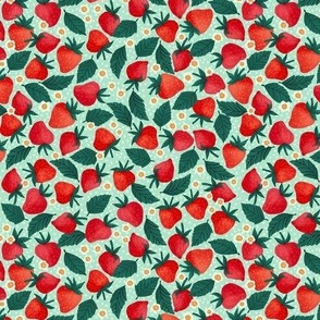 Ditsy Tossed Strawberries on a Mint Green Polka Dot Background 6in Repeat