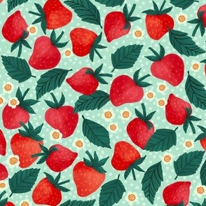 Tossed Strawberries on a Mint Green Polka Dot Background 12in Repeat