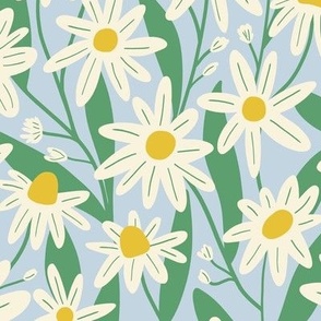 Delicate wild daisy flowers in pastel blue and green - Medium scale