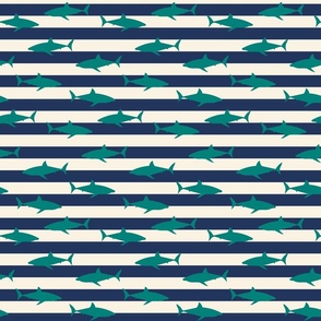 Medium Scale Navy Nautical Horizontal Stripes with Sea Green Sharks