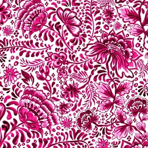 Hot pink Indian flowers | Oriental floral Magenta, Raspberry red chinoiserie | Bright carmine red on white | 24'' extra large