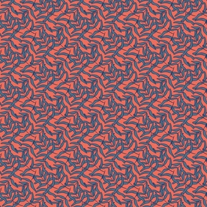 Small Scale Tossed Admiral Blue and Navy Seaweed on Coral Orange
