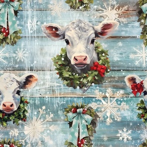 Christmas Calf Coral  - Blue Weathered Wood Wallpaper  