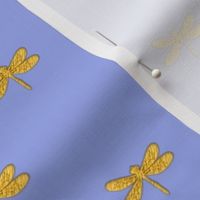 gold dragonfly on Quaker Lady blue 
