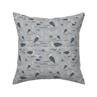 Herons at Lakeside Water's Edge Textured Block Print Birds in Vintage Blues and Off White (Small Scale)