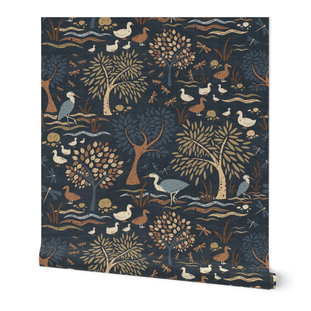 Large Scale Lakeside Birds Herons and Ducks in Terracotta and Navy 