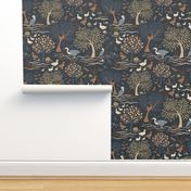 Large Scale Lakeside Birds Herons and Ducks in Terracotta and Navy 