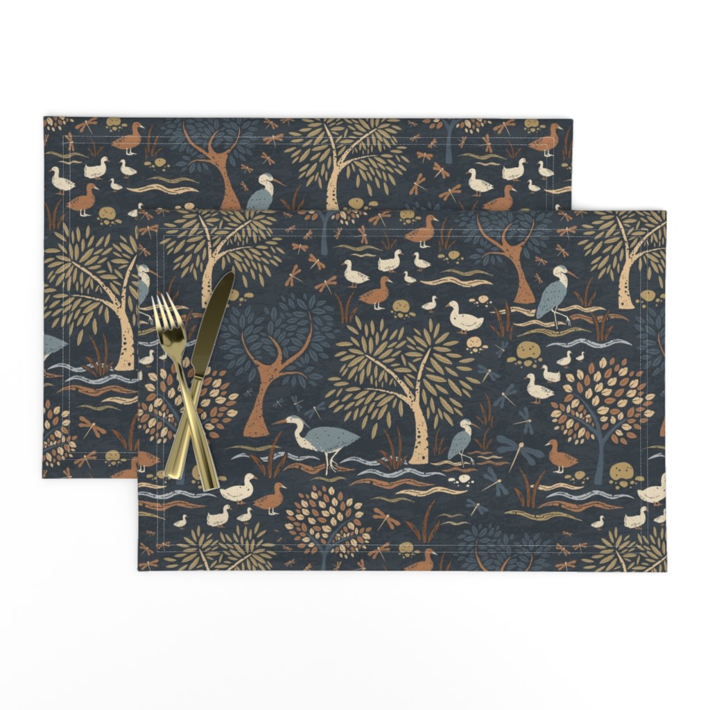 Medium Scale Lakeside Birds Herons and Ducks in Terracotta and Navy 