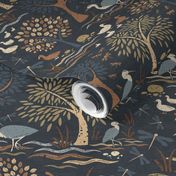 Medium Scale Lakeside Birds Herons and Ducks in Terracotta and Navy 