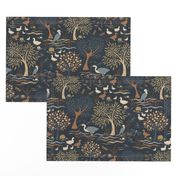 Medium Scale Lakeside Birds Herons and Ducks in Terracotta and Navy 