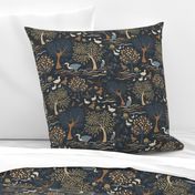 Medium Scale Lakeside Birds Herons and Ducks in Terracotta and Navy 