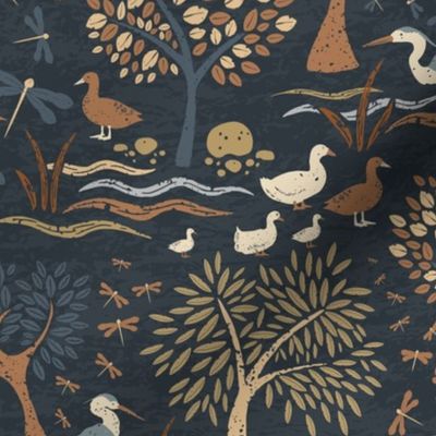 Medium Scale Lakeside Birds Herons and Ducks in Terracotta and Navy 