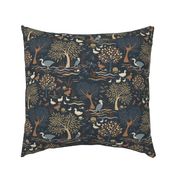 Medium Scale Lakeside Birds Herons and Ducks in Terracotta and Navy 