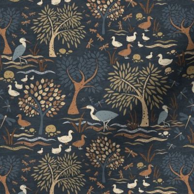 Small Scale Lakeside Birds Herons and Ducks in Terracotta and Navy