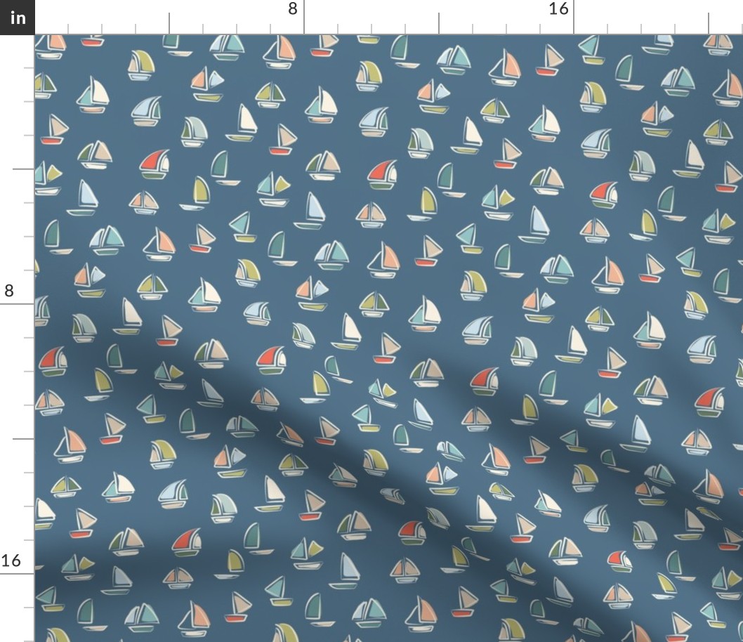 Medium Scale Nautical Hand Drawn Multi Color Sail Boats on Admiral Blue Water