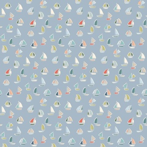 Medium Scale Nautical Hand Drawn Multi Color Sail Boats on Blue Grey Water