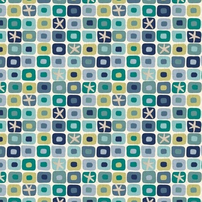 Small Scale Geometric Squares in Coastal Colors with Starfish and Vintage Faux Texture