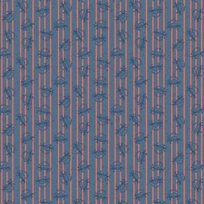 Small Scale Tossed Blue Crabs on Irregular Spaced Vertical Coral Stripes on Admiral Blue Ground and Faux Gritty Texture