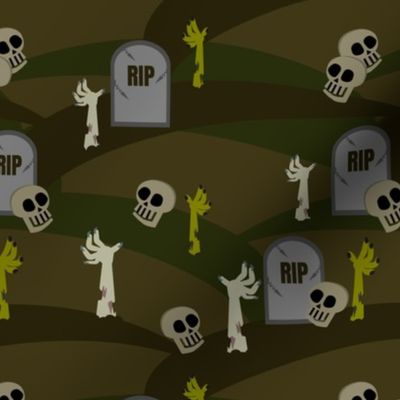 Spooky Skeleton in Halloween Zombie Hands Tombstone, Halloween Fabric