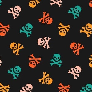Halloween Skulls and Cross Bones Black Orange Pink Teal, Halloween Fabric, Pirate Halloween