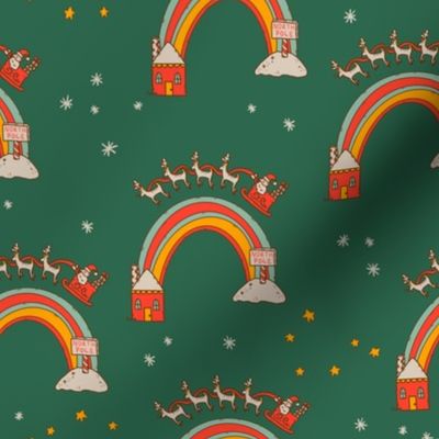 Santa Rainbows on Evergreen Background 