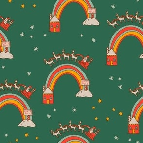 Santa Rainbows on Evergreen Background 