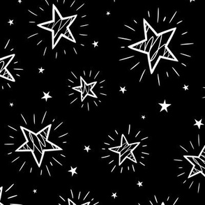 Stars Pattern Night Sky, Hand Drawn Stars, Galaxy Fabric,  Sketched Stars, Black and White