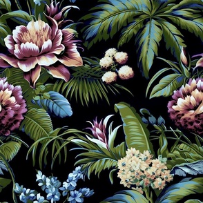  Bahama Botanics - Cream/Lilac on Black Wallpaper 