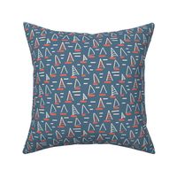 Medium Scale Abstract Coral Orange Sailboats on Admiral Blue Water and White Waves