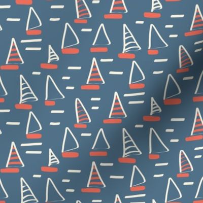 Medium Scale Abstract Coral Orange Sailboats on Admiral Blue Water and White Waves