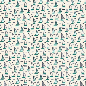 Medium Scale Abstract Navy and Sea Green Sailboats on Ivory and Navy Waves