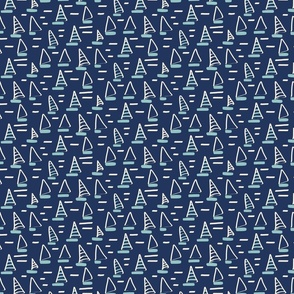 Medium Scale Abstract Ivory and Opal Green Sailboats on Navy with Ivory Waves