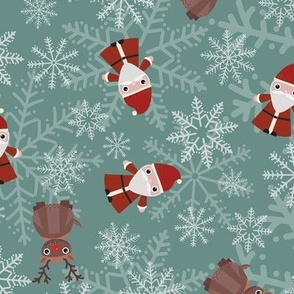 Midi - Cute Christmas Santa, Rudolph & Festive Snowflakes - Sage Green