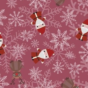 Midi - Cute Christmas Santa, Rudolph & Festive Snowflakes - Claret Red