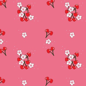 Cherries + Blossoms // Red + Pink on Bubblegum Pink // Large