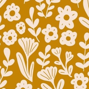 Folk ditsy flower pattern in mustard yellow and white - Medium scale